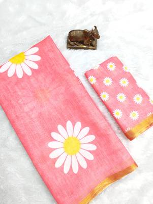 Pink linen gold piping digital print saree with blouse piece 2
