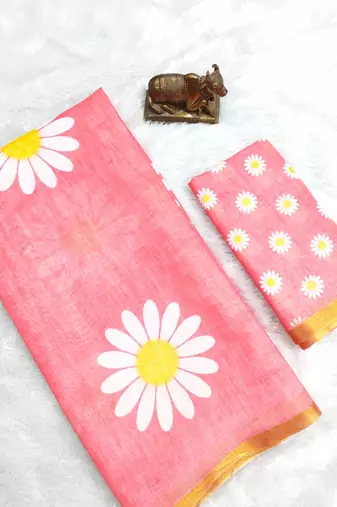 Pink linen gold piping digital print saree with blouse piece