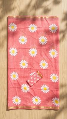 Pink linen gold piping digital print saree with blouse piece 3