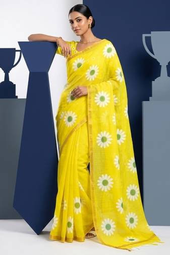 Yellow linen gold piping digital print saree with blouse piece
