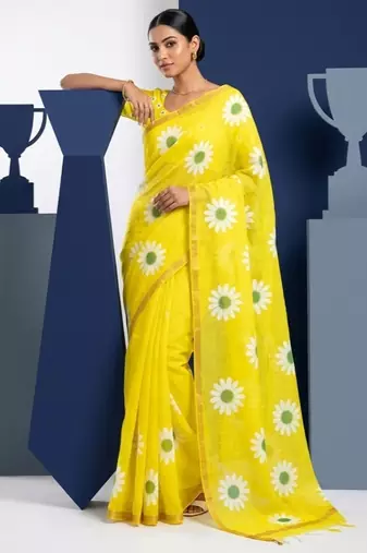 Yellow linen gold piping digital print saree with blouse piece