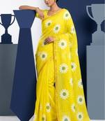 Yellow linen gold piping digital print saree with blouse piece