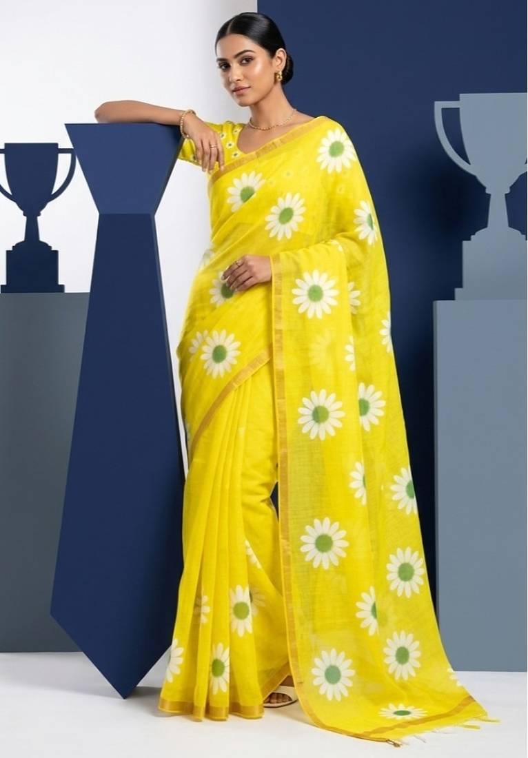 Yellow linen gold piping digital print saree with blouse piece