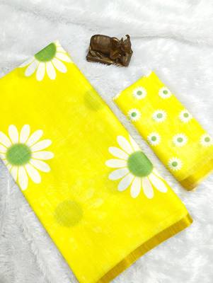 Yellow linen gold piping digital print saree with blouse piece 2