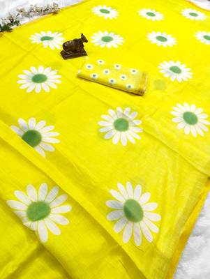 Yellow linen gold piping digital print saree with blouse piece 3