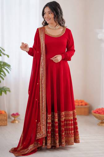 Red vichitra silk thread with sequence anarkali suit