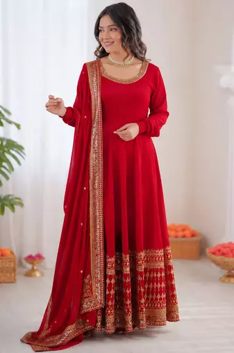 Red vichitra silk thread with sequence anarkali suit