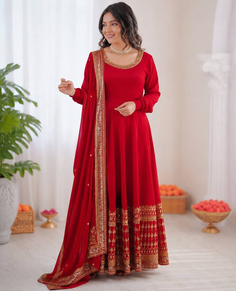 Red vichitra silk thread with sequence anarkali suit