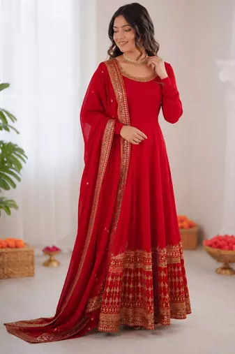 Red vichitra silk thread with sequence anarkali suit