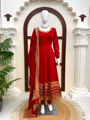 Red vichitra silk thread with sequence anarkali suit 3
