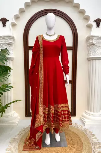 Red vichitra silk thread with sequence anarkali suit