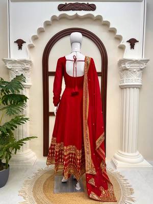 Red vichitra silk thread with sequence anarkali suit 4