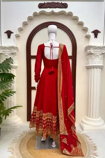 Red vichitra silk thread with sequence anarkali suit