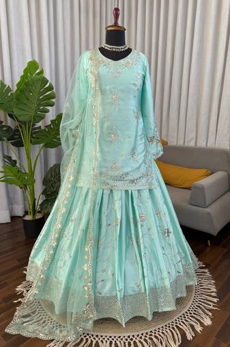 Light sky blue japan satin thread with sequence lehenga style suit