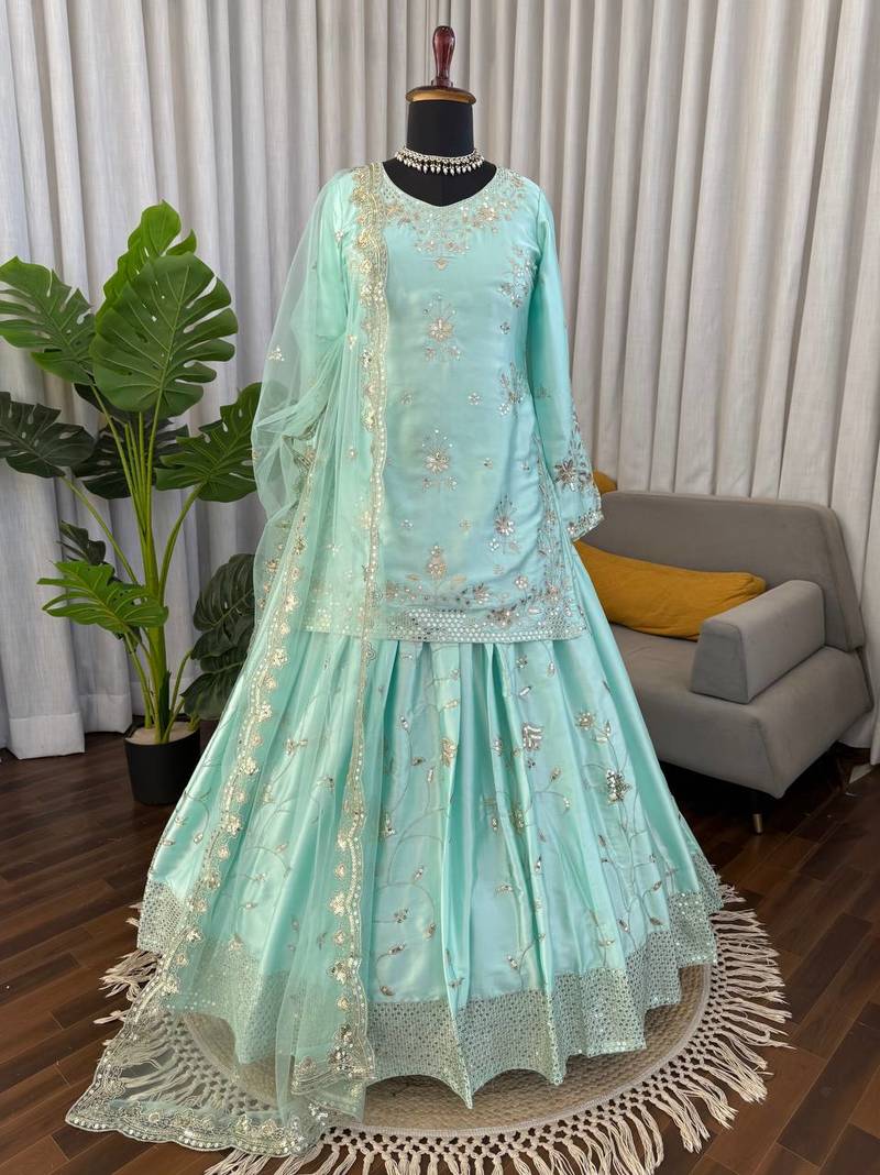 Light sky blue japan satin thread with sequence lehenga style suit