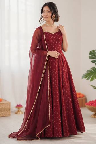 Maroon chanderi jacquard butti designer anarkali suit