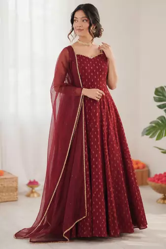Maroon chanderi jacquard butti designer anarkali suit