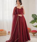 Maroon chanderi jacquard butti designer anarkali suit