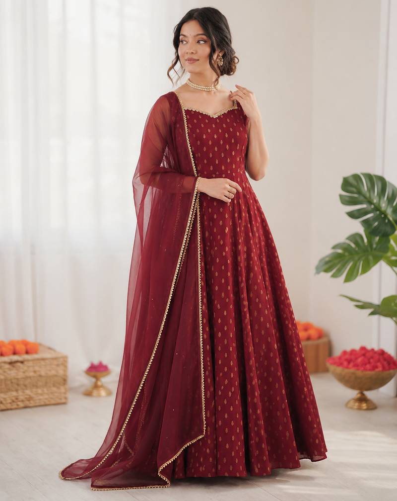 Maroon chanderi jacquard butti designer anarkali suit