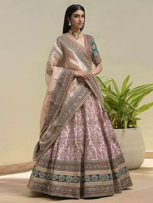 Pink Satin Heavy Embroidery Sequence work Bridal Lehenga Choli with Dupatta For Women 1