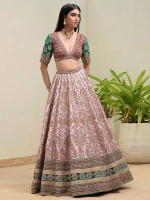 Pink Satin Heavy Embroidery Sequence work Bridal Lehenga Choli with Dupatta For Women 3