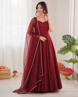 Maroon chanderi jacquard butti designer anarkali suit 2