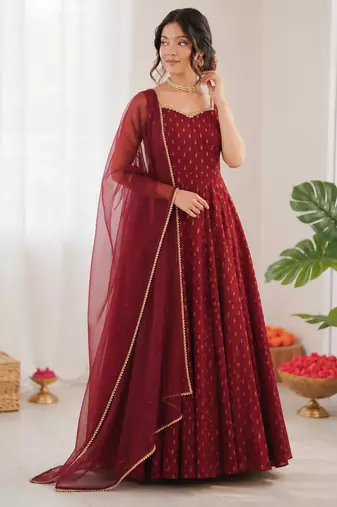 Maroon chanderi jacquard butti designer anarkali suit