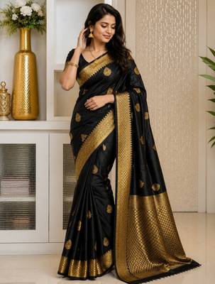 Black color art silk blend sarees with blouse 1