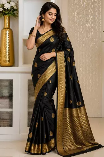 Black color art silk blend sarees with blouse