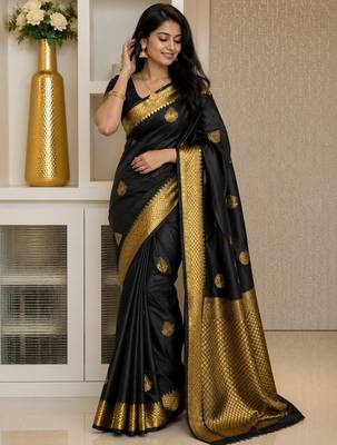 Black color art silk blend sarees with blouse 2