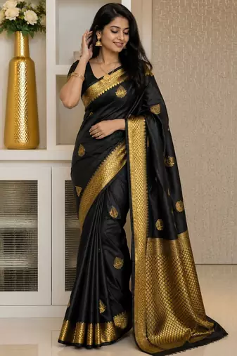 Black color art silk blend sarees with blouse