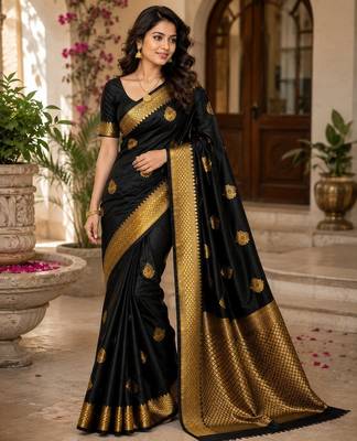 Black color art silk blend sarees with blouse 3