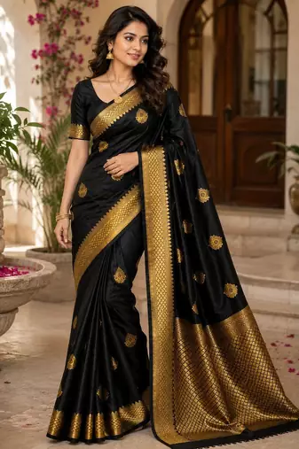 Black color art silk blend sarees with blouse