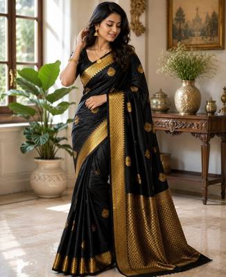 Black color art silk blend sarees with blouse 4