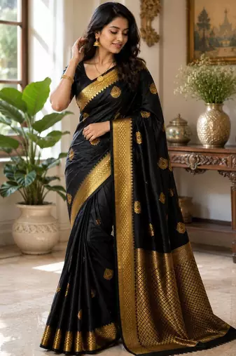 Black color art silk blend sarees with blouse