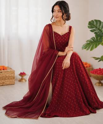 Maroon chanderi jacquard butti designer anarkali suit 3