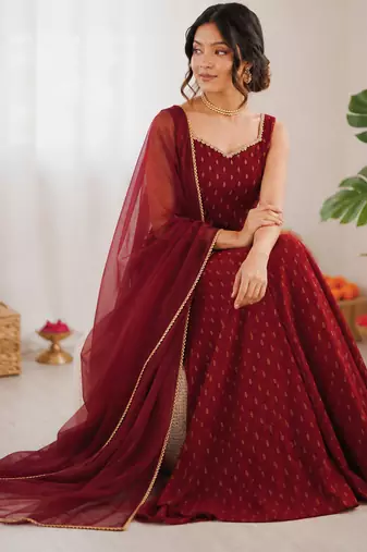 Maroon chanderi jacquard butti designer anarkali suit