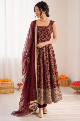 Deep maroon chanderi jacquard butti designer anarkali suit