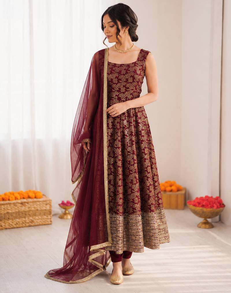 Deep maroon chanderi jacquard butti designer anarkali suit