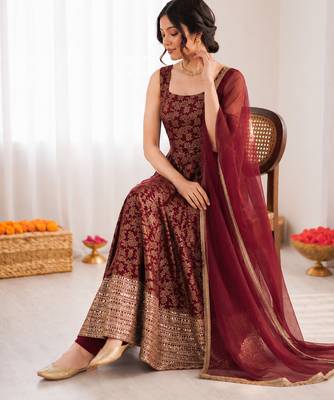 Deep maroon chanderi jacquard butti designer anarkali suit 2