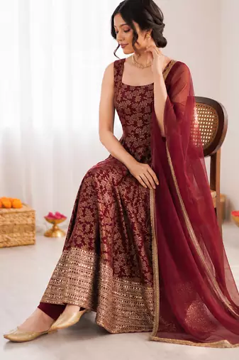 Deep maroon chanderi jacquard butti designer anarkali suit