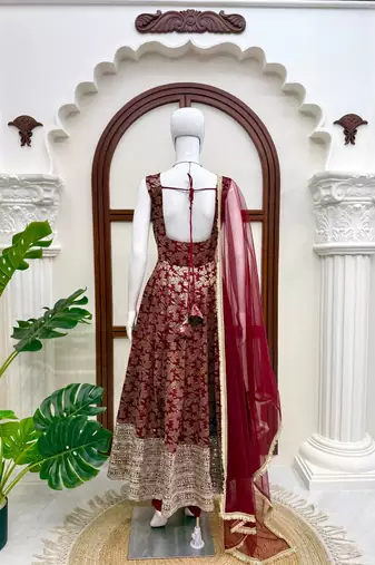 Deep maroon chanderi jacquard butti designer anarkali suit