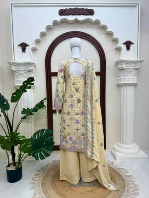 Cream vichitra silk thread with sequence plazzo suit 1