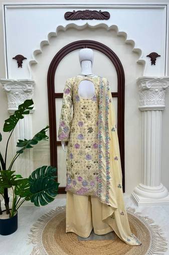 Cream vichitra silk thread with sequence plazzo suit