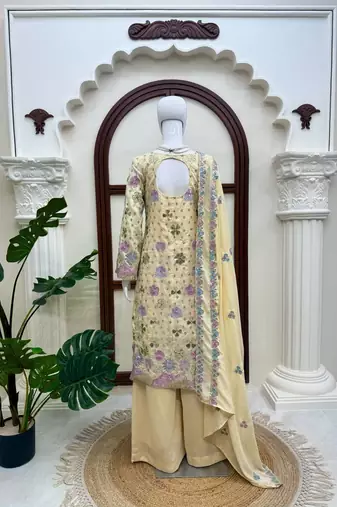 Cream vichitra silk thread with sequence plazzo suit