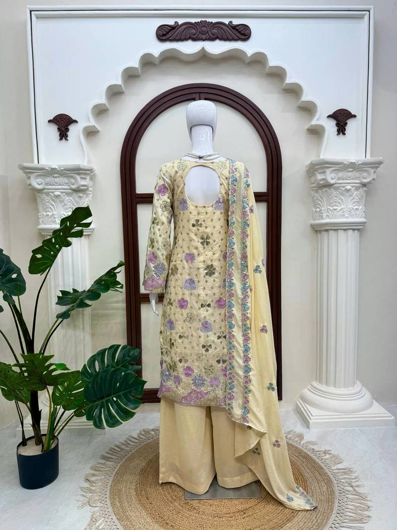 Cream vichitra silk thread with sequence plazzo suit