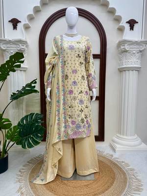 Cream vichitra silk thread with sequence plazzo suit 2
