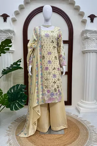 Cream vichitra silk thread with sequence plazzo suit