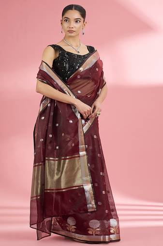 Dark maroon premium kota doria silk saree with zari work