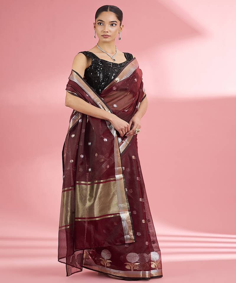 Dark maroon premium kota doria silk saree with zari work